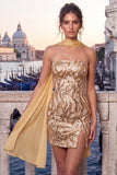 Gold Strapless Sequins Bodycon Short Homecoming Dress with Slit