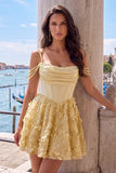 Yellow Corset Ruched Floral Spaghetti Straps A-Line Homecoming Dress with Beading