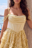 Yellow Corset Ruched Floral Spaghetti Straps A-Line Homecoming Dress with Beading