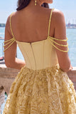 Yellow Corset Ruched Floral Spaghetti Straps A-Line Homecoming Dress with Beading