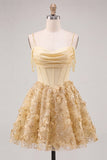 Yellow Corset Ruched Floral Spaghetti Straps A-Line Homecoming Dress with Beading