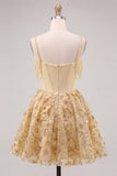 Yellow Corset Ruched Floral Spaghetti Straps A-Line Homecoming Dress with Beading