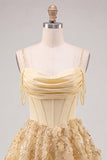 Yellow Corset Ruched Floral Spaghetti Straps A-Line Homecoming Dress with Beading