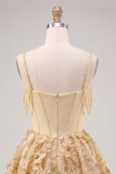 Yellow Corset Ruched Floral Spaghetti Straps A-Line Homecoming Dress with Beading