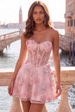 Pink Sheer Corset Floral A-Line Sweetheart Lace Up Back Homecoming Dress with Beading