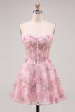 Pink Sheer Corset Floral A-Line Sweetheart Lace Up Back Homecoming Dress with Beading