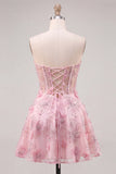 Pink Sheer Corset Floral A-Line Sweetheart Lace Up Back Homecoming Dress with Beading