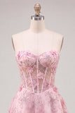 Pink Sheer Corset Floral A-Line Sweetheart Lace Up Back Homecoming Dress with Beading