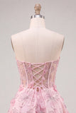 Pink Sheer Corset Floral A-Line Sweetheart Lace Up Back Homecoming Dress with Beading