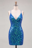 Dark Blue Sequins Bodycon Spaghetti Straps Homecoming Dress with Lace Up Back