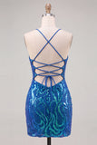 Dark Blue Sequins Bodycon Spaghetti Straps Homecoming Dress with Lace Up Back