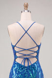 Dark Blue Sequins Bodycon Spaghetti Straps Homecoming Dress with Lace Up Back