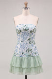 Light Green Strapless A-Line Tiered Sequins Ruffle Short Homecoming Dress