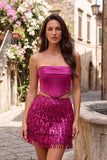 Blue Strapless Bodycon 2 Piece Sequins Corset Homecoming Dress with Fringes