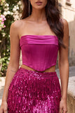 Blue Strapless Bodycon 2 Piece Sequins Corset Homecoming Dress with Fringes