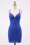 Royal Blue Bodycon Beaded Short Homecoming Dress with Lace Up Back