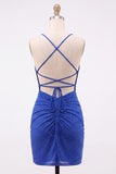 Royal Blue Bodycon Beaded Short Homecoming Dress with Lace Up Back