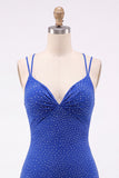Royal Blue Bodycon Beaded Short Homecoming Dress with Lace Up Back