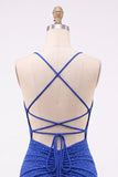 Royal Blue Bodycon Beaded Short Homecoming Dress with Lace Up Back
