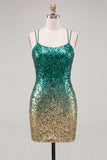 Sparkly Green and Gold Sequins Bodycon Short Homecoming Dress with Lace Up Back