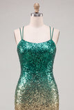 Sparkly Green and Gold Sequins Bodycon Short Homecoming Dress with Lace Up Back