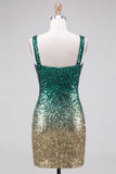 Sparkly Green and Gold Bodycon Square Neck Sequins Homecoming Dress with Slit