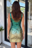 Sparkly Green and Gold Bodycon Square Neck Sequins Homecoming Dress with Slit