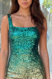 Sparkly Green and Gold Bodycon Square Neck Sequins Homecoming Dress with Slit