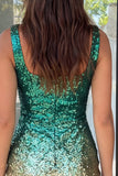 Sparkly Green and Gold Bodycon Square Neck Sequins Homecoming Dress with Slit