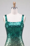 Sparkly Green and Gold Bodycon Square Neck Sequins Homecoming Dress with Slit