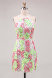Pink and Green Flower Bodycon Spaghetti Straps Homecoming Dress with Embroidery