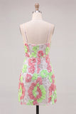 Pink and Green Flower Bodycon Spaghetti Straps Homecoming Dress with Embroidery