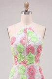 Pink and Green Flower Bodycon Spaghetti Straps Homecoming Dress with Embroidery