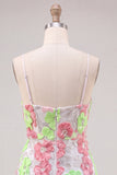 Pink and Green Flower Bodycon Spaghetti Straps Homecoming Dress with Embroidery
