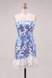 Strapless Blue Bodycon Sequins Short Homecoming Dress with Ruffles