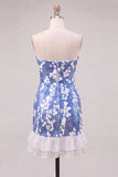 Strapless Blue Bodycon Sequins Short Homecoming Dress with Ruffles