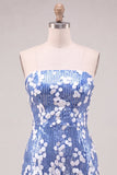 Strapless Blue Bodycon Sequins Short Homecoming Dress with Ruffles