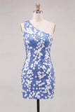Bodycon One Shoulder Blue Sequins Short Homecoming Dress