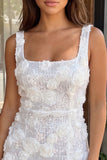 Ivory Square Neck Bodycon Sequins Homecoming Dress with 3D Flowers