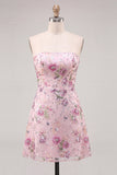 Strapless Pink A-Line Floral Sequins Homecoming Dress