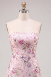 Strapless Pink A-Line Floral Sequins Homecoming Dress