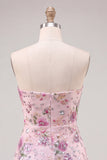 Strapless Pink A-Line Floral Sequins Homecoming Dress