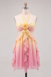 Yellow and Pink A-Line Chiffon Ruffled Halter Neck Homecoming Dress with 3D Flower