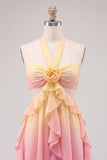 Yellow and Pink A-Line Chiffon Ruffled Halter Neck Homecoming Dress with 3D Flower
