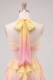 Yellow and Pink A-Line Chiffon Ruffled Halter Neck Homecoming Dress with 3D Flower