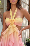 Yellow and Pink A-Line Chiffon Ruffled Halter Neck Homecoming Dress with 3D Flower