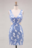 Blue Sequins V-Neck Tight Cut Out Homecoming Dress