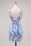 Blue Sequins V-Neck Tight Cut Out Homecoming Dress