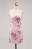 Pink Bodycon Strapless Floral Sequins Homecoming Dress