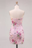 Pink Bodycon Strapless Floral Sequins Homecoming Dress